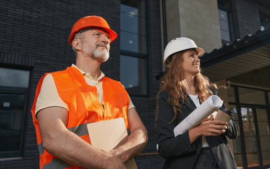 Two contractors in front of a building under construction