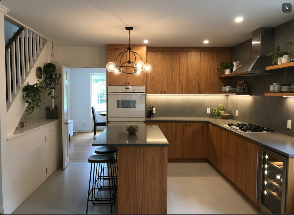 The same kitchen reimagined by the AI Visualizer — warm wood, plants, natural light