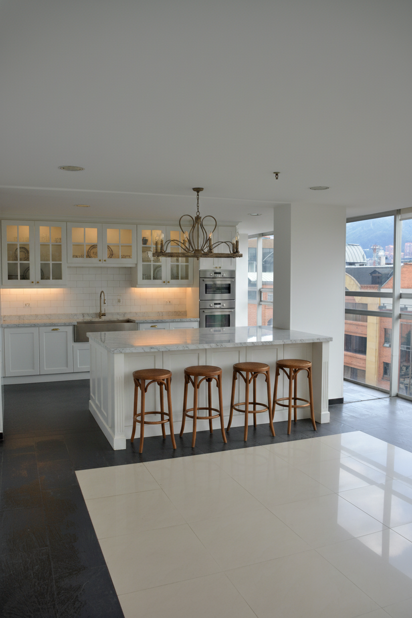 Renovated kitchen with island and city view