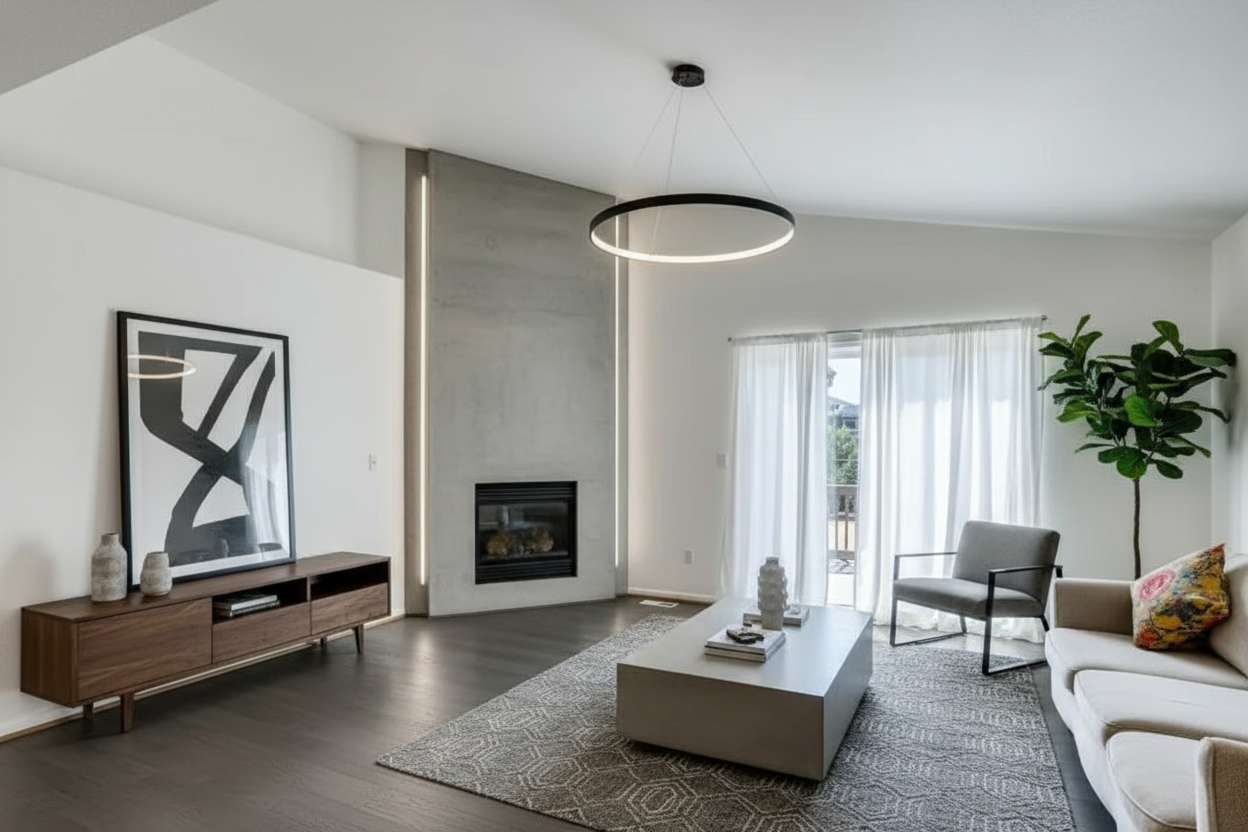 Modern living room with fireplace