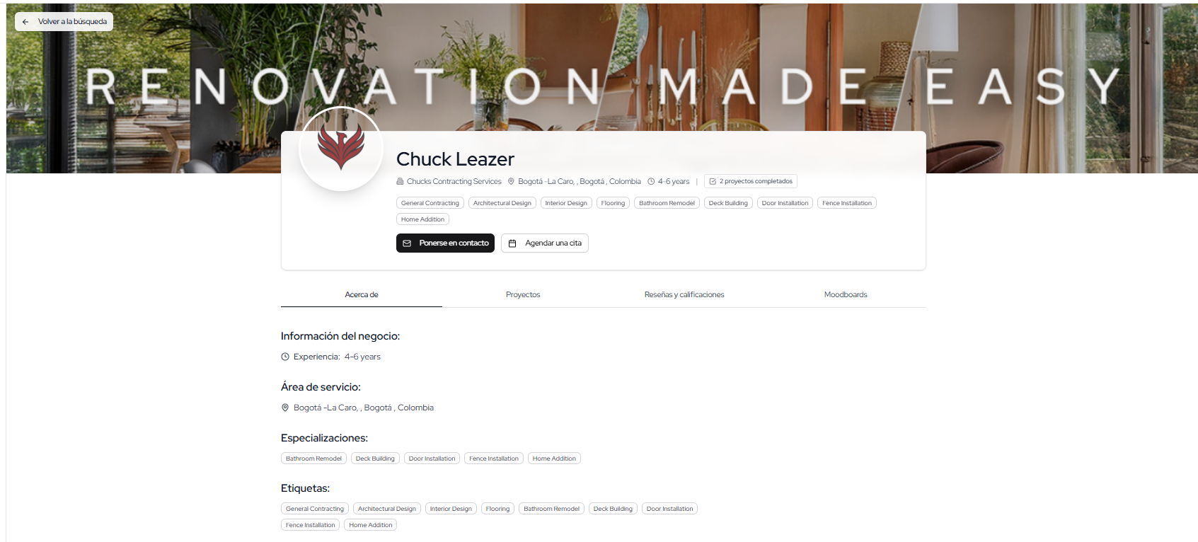 A renovation pro's public profile and portfolio on ReformAI